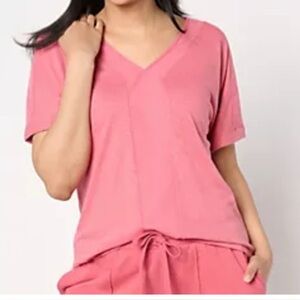 Peace Love World Women's Top Sz L Boheme Mixed Media V-Neck Tee Pink Cotton